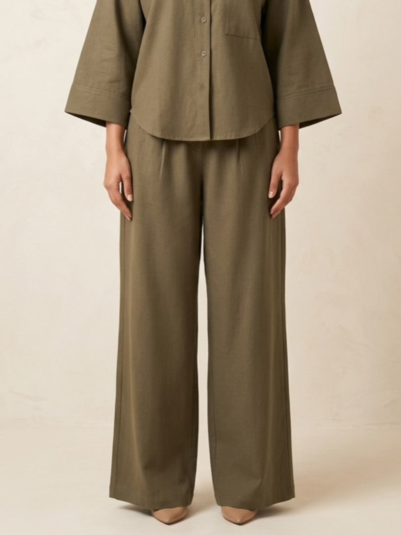 The Verona Linen Wide-Leg Pants - Olive