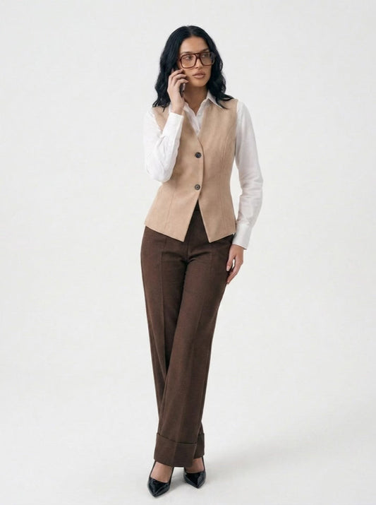 [BUNDLE] - V-Line Vest Beige and Brown Elegant Wide Leg Pants