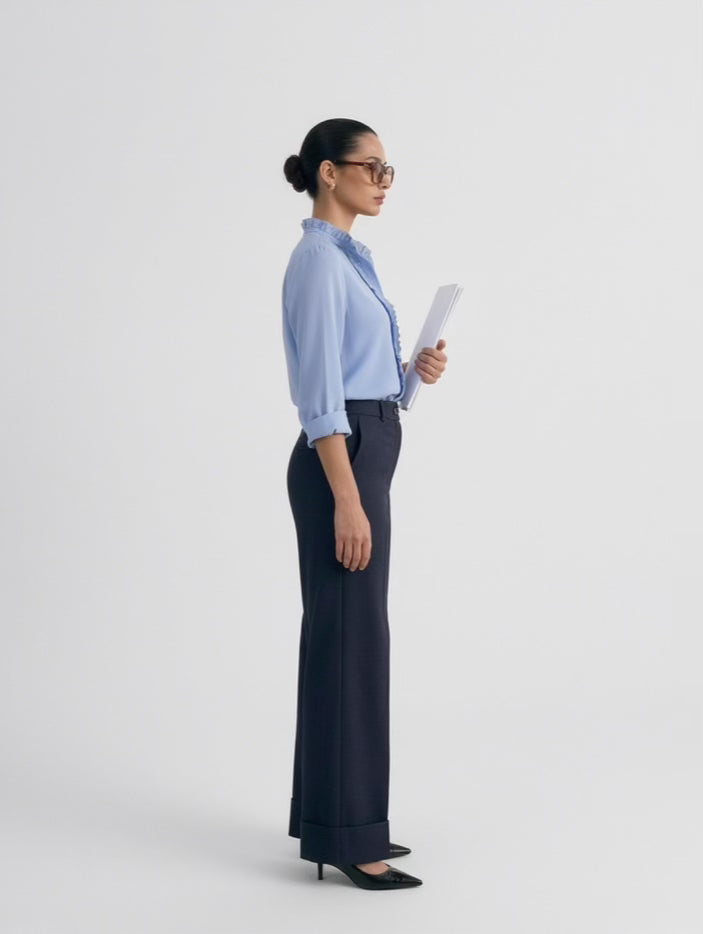 [BUNDLE] - Ruffle Blue Blouse and Elegant Wide Leg Navy Trouser