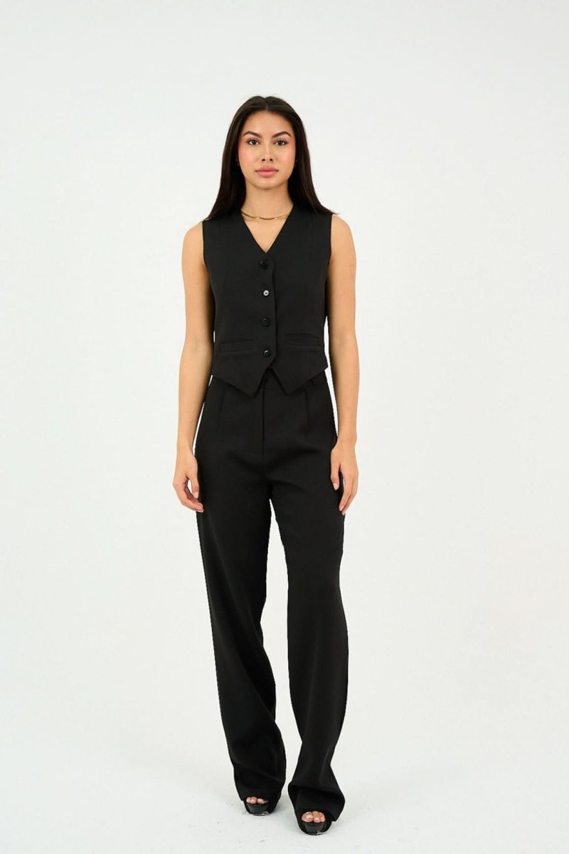 Black Classic Vest & Pleated Straight Pants Set - Hushy Wear