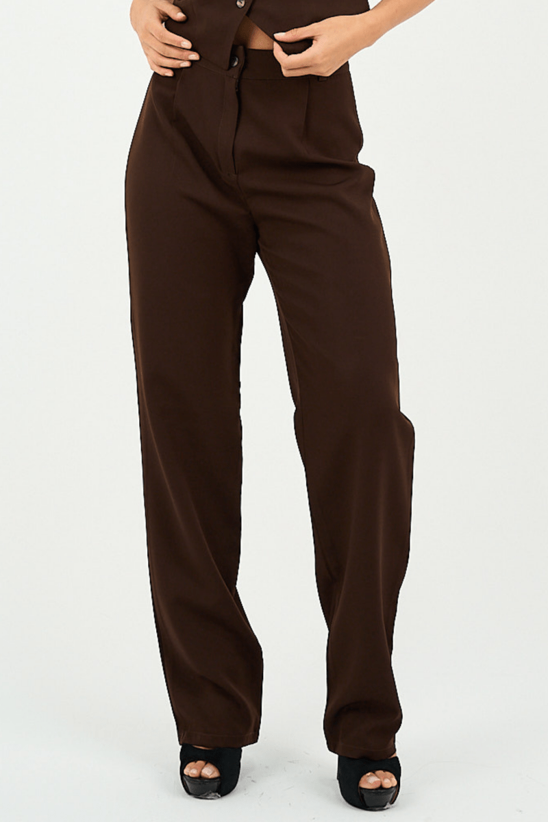 Brown Pleated Straight-Leg Trousers