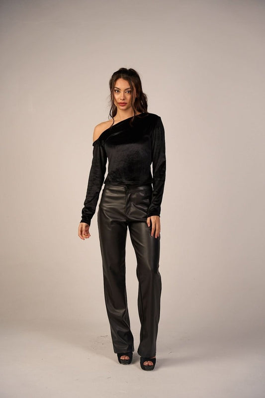 Faux Leather Wide Leg Pants - Black - Hushy Wear