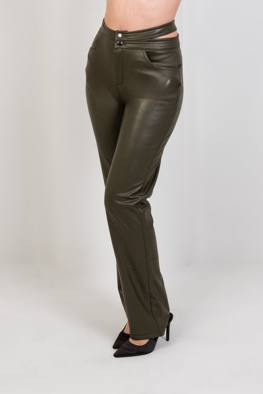 Faux Leather Wide Leg Pants - Olive - Hushy Wear