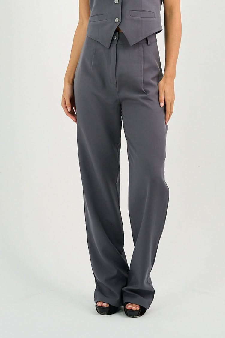 Gray Pleated Straight-Leg Trousers