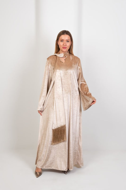 Hushy Velvet Dress and Scarf - Beige - Hushy Wear