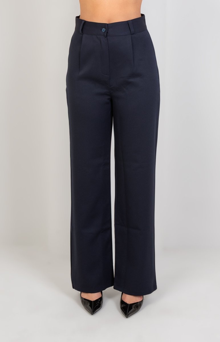Navy Pleated Straight - Leg Trousers - Hushy Wear