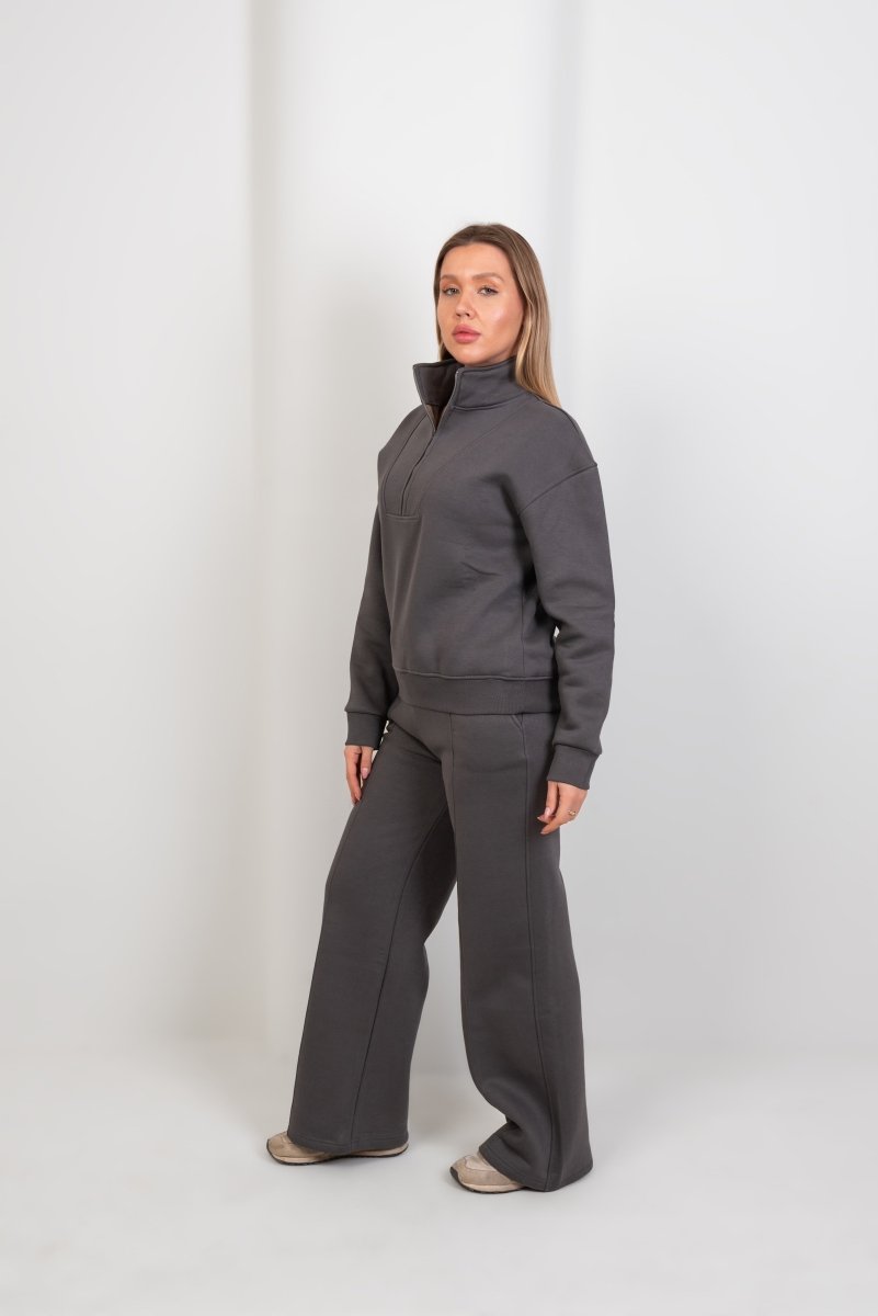 Relaxed Fit Half - Zip Sweater & Pants Set – Gray - Hushy Wear