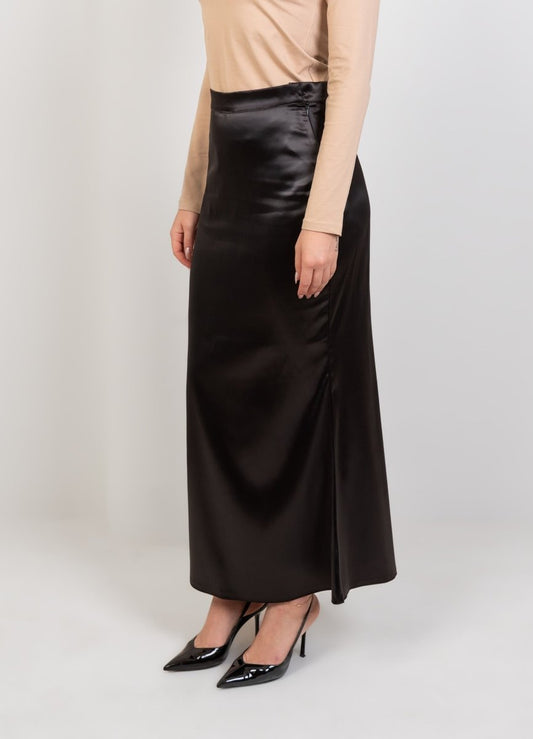 Satin High Waisted Maxi Skirt - Black - Hushy Wear