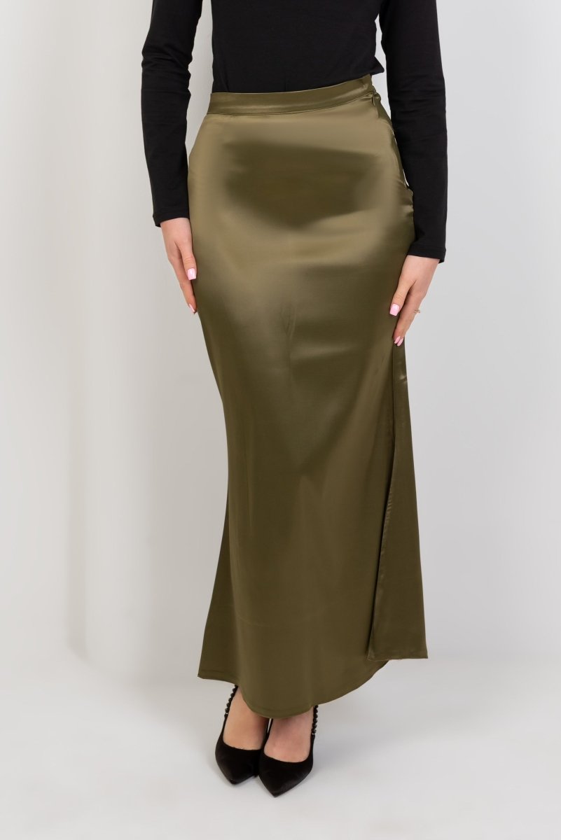 Satin High Waisted Maxi Skirt - Olive - Hushy Wear