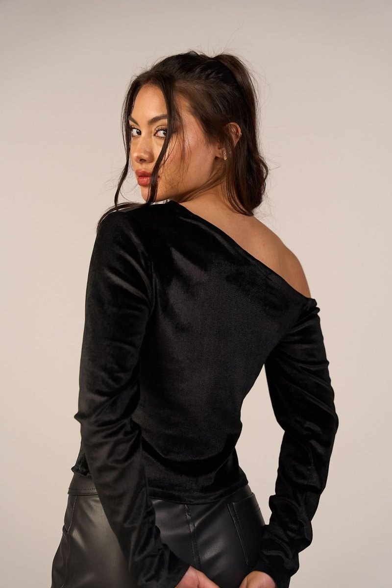 Velvet One Off Shoulder Tops - Black - Hushy Wear